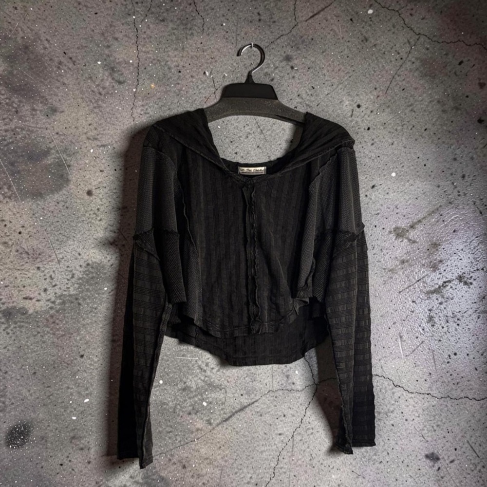 We The Free Black Textured Asymmetrical Long Sleeve Crop Hoodie